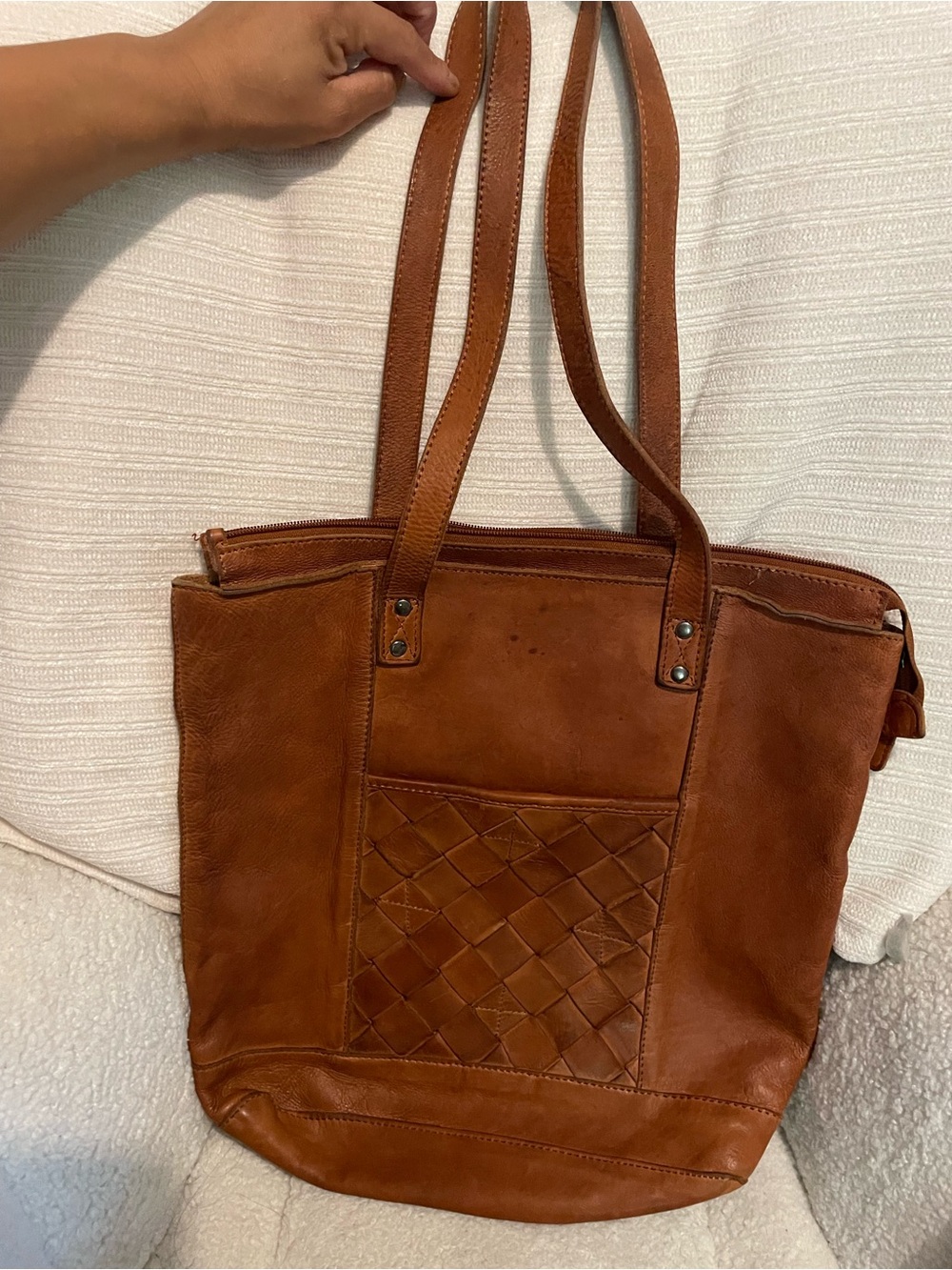 Vilenca holland brown leather Woven Panel Tote Bag - Brown